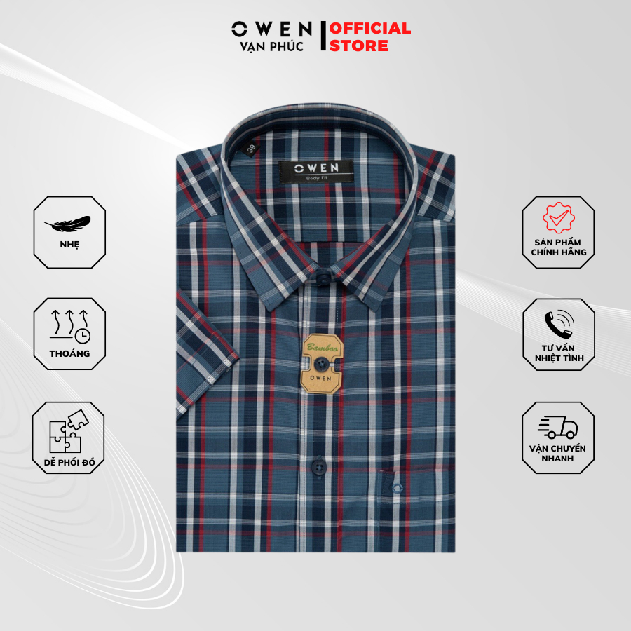 Áo Sơ Mi Nam Cộc Tay OWEN AB230008NT Kẻ Caro Xanh Đậm Đỏ Kiểu Dáng Body Fit Chất Liệu Bamboo Mịn Mát