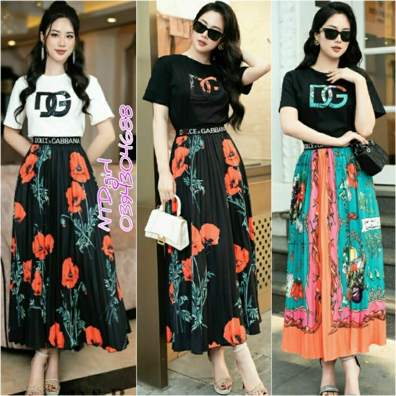 Hàng nhập - Set bộ nữ áo váy xòe lụa phối thun in hoa lá, sét đồ thời trang dự tiệc tay ngắn cổ tròn sang trọng