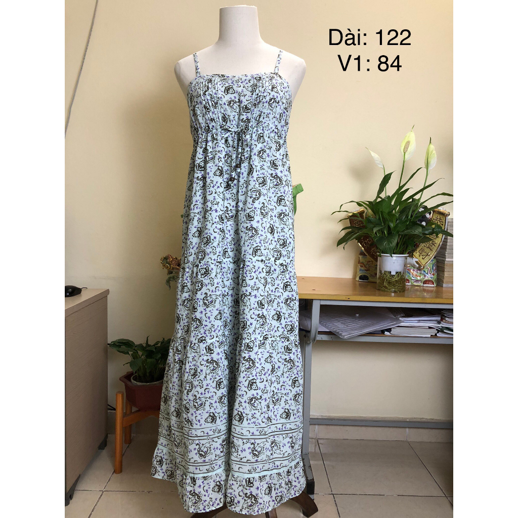 Váy si tuyển 2hand 2 dây, chun ngực, tông xanh họa tiết cổ điển