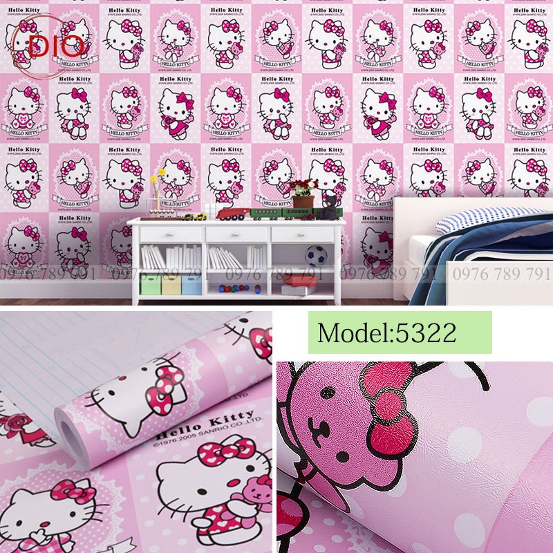 Giấy dán tường phòng ngủ hoạt hình kitty hồng to cho bé trai bé gái có keo sẵn 3d 10m cute Dio