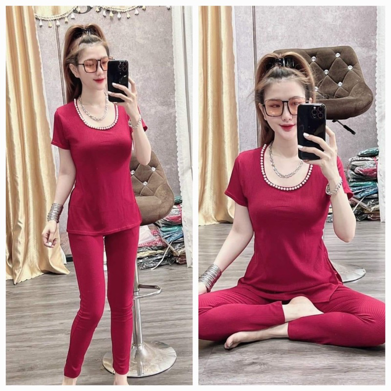 Đồ bộ nữ sang chảnh quần leggings lưng cao có túi và áo ôm xẻ lai đính cườm siêu xinh