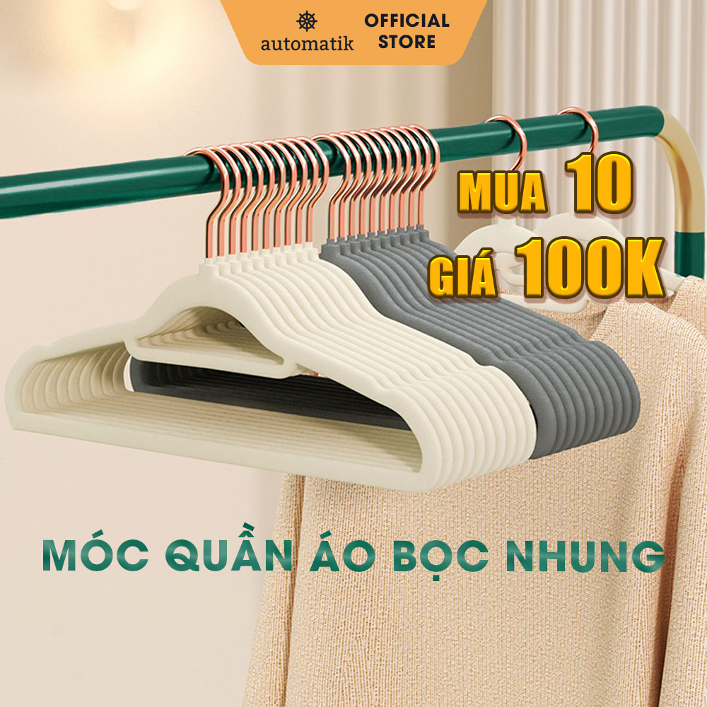 Combo Móc Treo Quần Áo, Mắc Treo Quần Áo Nhựa Bọc Nhung Chống Trượt Xoay 360 Độ, Treo Cà Vạt, Khăn Choàng - Automatik