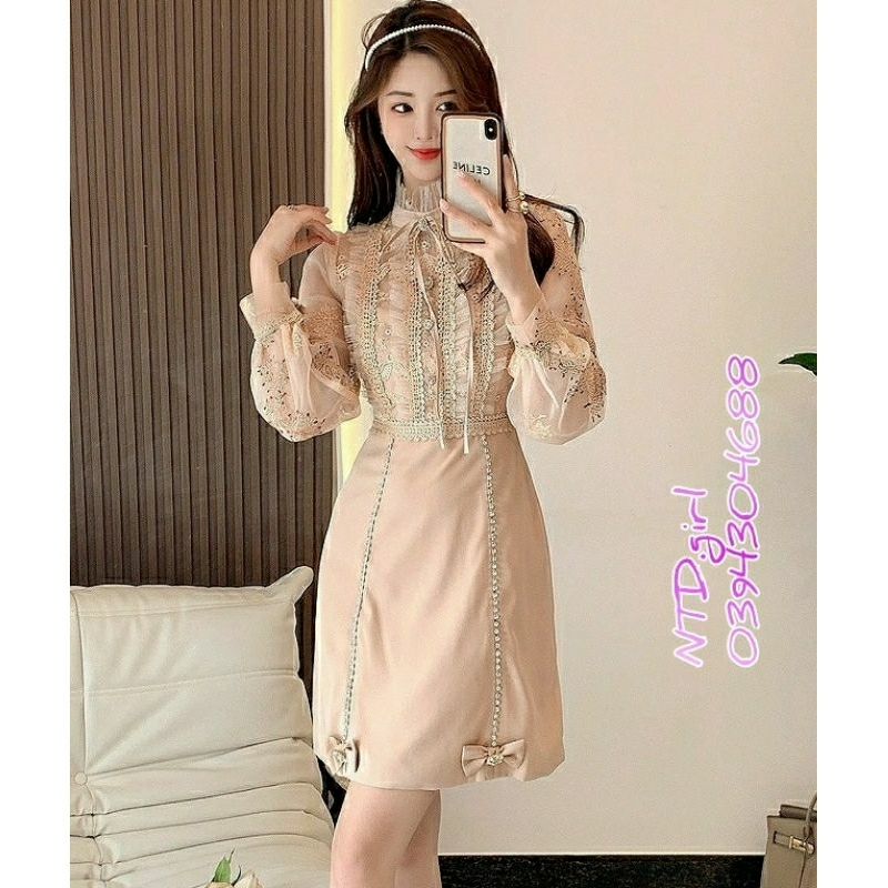 Hàng nhập - Đầm dáng ôm suông nhẹ ren hoa sang trọng, váy dự tiệc cổ tròn bèo dài tay