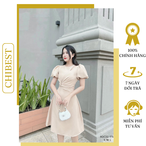 Đầm tiệc cut vai xoắn eo tay bồng cổ tròn chất kate dày dặn siêu tôn dáng CHIBEST ADC32