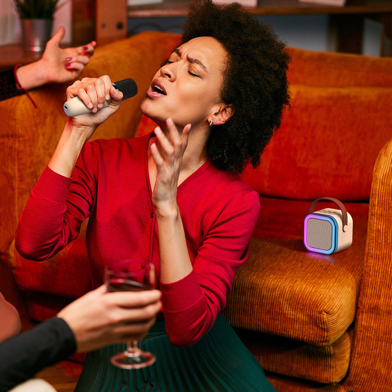 Loa Karaoke Bluetooth Xách Tay Mini K12 Tích Hợp Đèn Led Nhiều Màu, Loa Nghe Nhạc Siêu To Tặng Kèm Micro Không Dây
