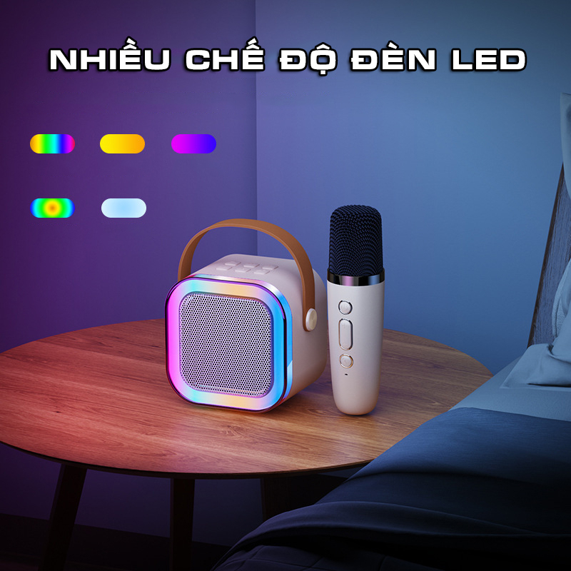 Loa Karaoke Bluetooth Xách Tay Mini K12 Tích Hợp Đèn Led Nhiều Màu, Loa Nghe Nhạc Siêu To Tặng Kèm Micro Không Dây