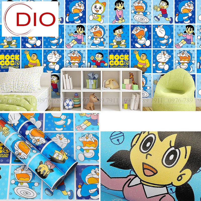 Giấy dán tường phòng ngủ 10m hoạt hình doreamon và các bạn có keo sẵn 3d cute cho bé trai bé gái Dio