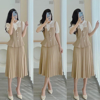 Áo peplum cúc ngọc cổ nơ