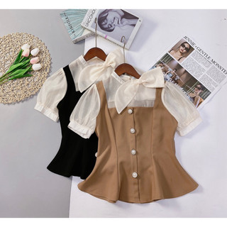 Áo peplum cúc ngọc cổ nơ