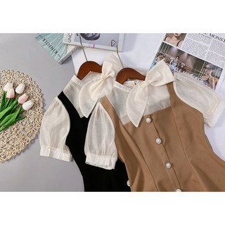 Áo peplum cúc ngọc cổ nơ