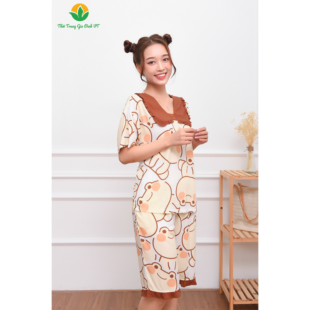 Bộ mặc nhà nữ mùa hè Việt Thắng, quần lửng, áo cộc tay, chất liệu lanh tole  B06.2303