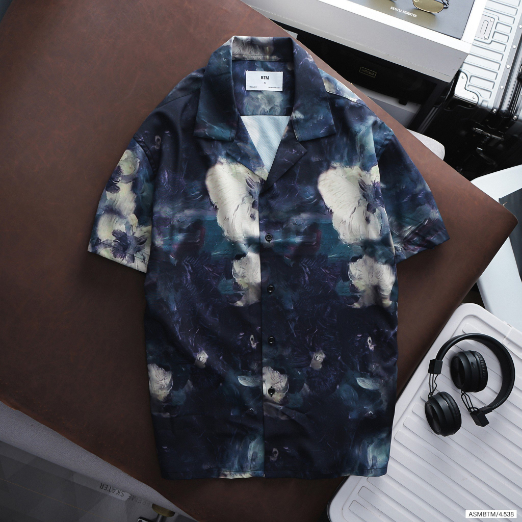 Áo sơ mi cộc tay in họa tiết BTM Studios chất đũi rayon thấm hút tốt - 4.538