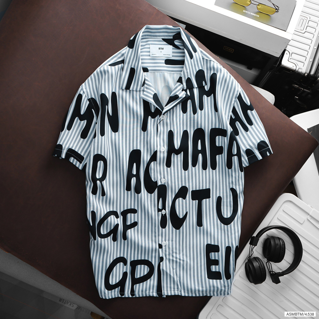 Áo sơ mi cộc tay in họa tiết BTM Studios chất đũi rayon thấm hút tốt - 4.538