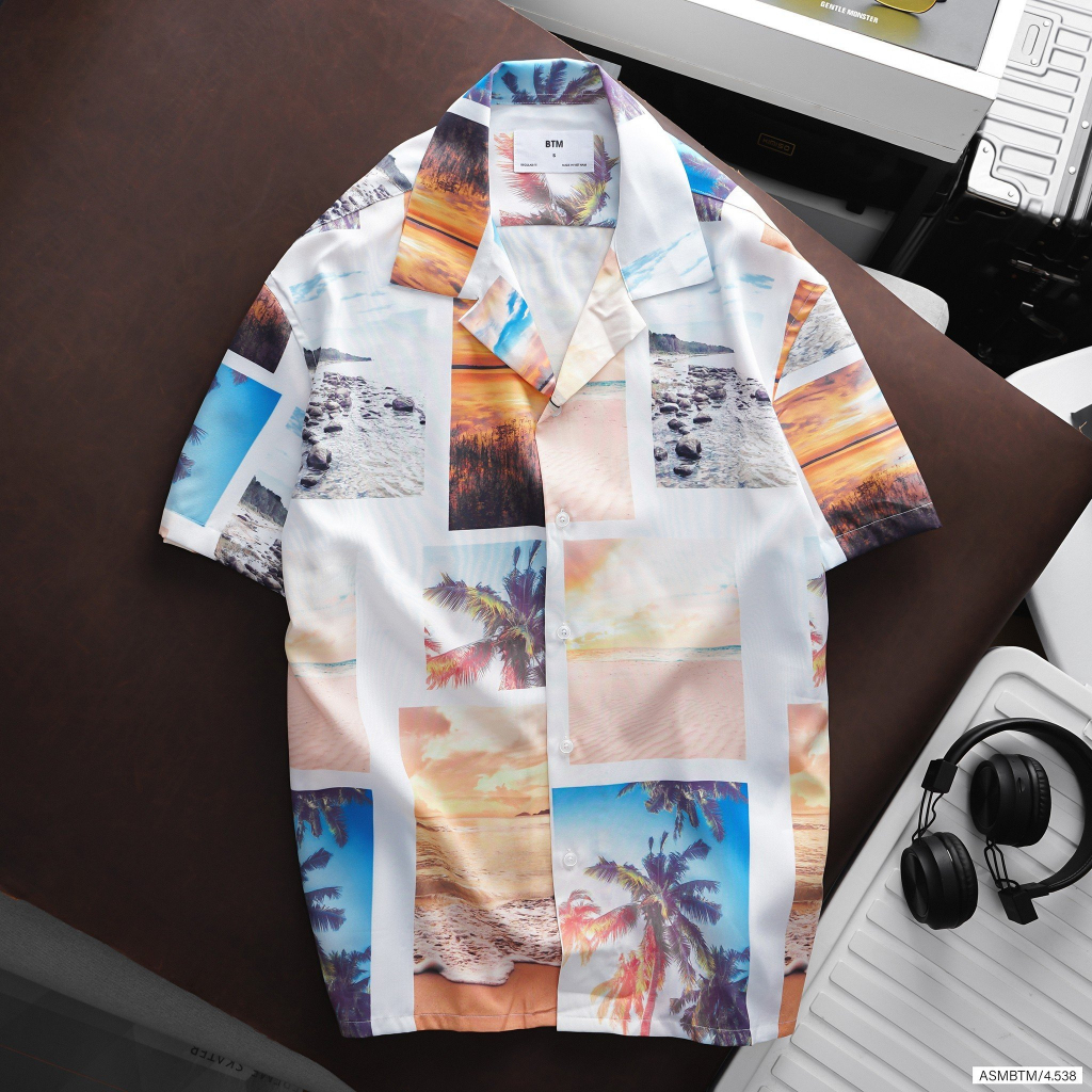 Áo sơ mi cộc tay in họa tiết BTM Studios chất đũi rayon thấm hút tốt - 4.538