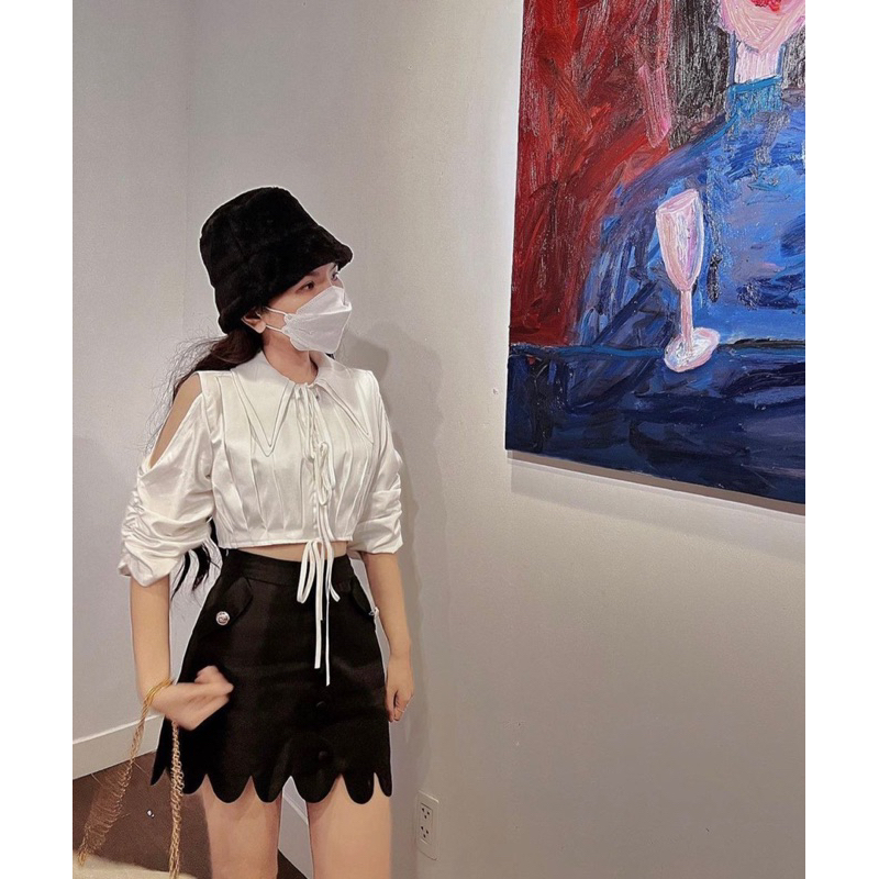 ÁO SƠMI CROPTOP HỞ VAI TAY RÚT THẮT NƠ SIÊU XINH