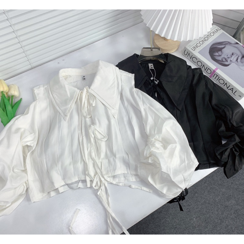ÁO SƠMI CROPTOP HỞ VAI TAY RÚT THẮT NƠ SIÊU XINH