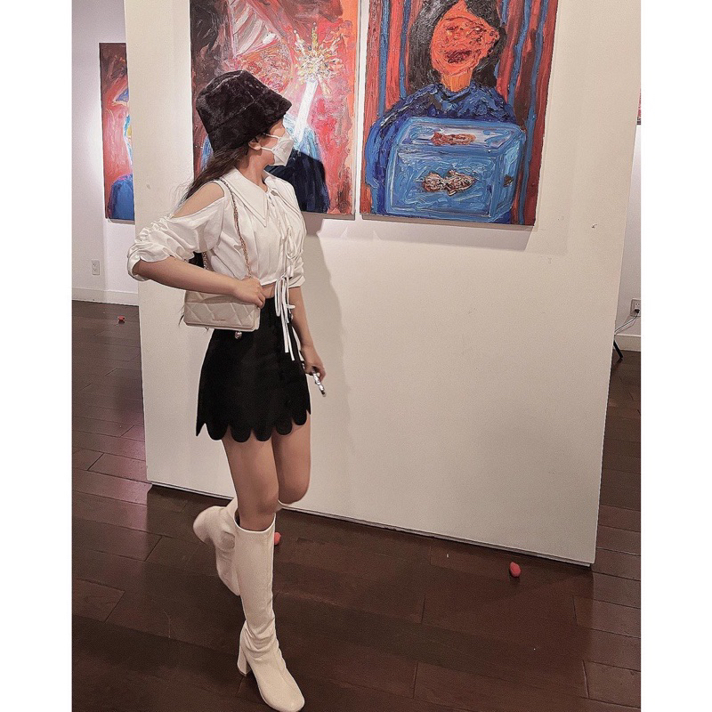 ÁO SƠMI CROPTOP HỞ VAI TAY RÚT THẮT NƠ SIÊU XINH