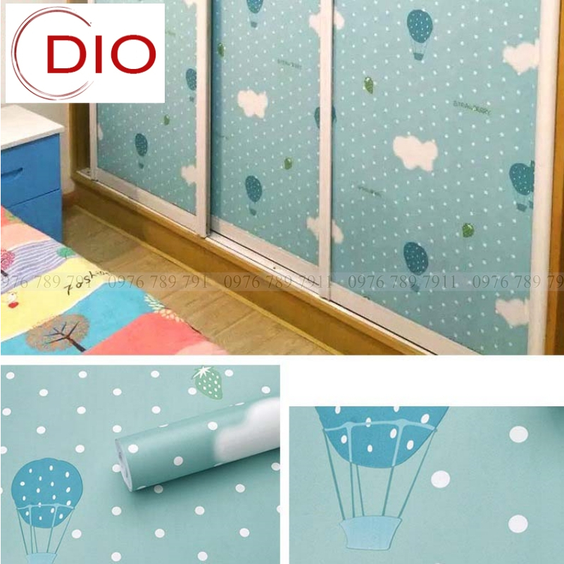 Giấy dán tường phòng ngủ có keo sẵn hoạt hình chấm bi xanh 3d 10m cute cho bé trai bé gái Dio