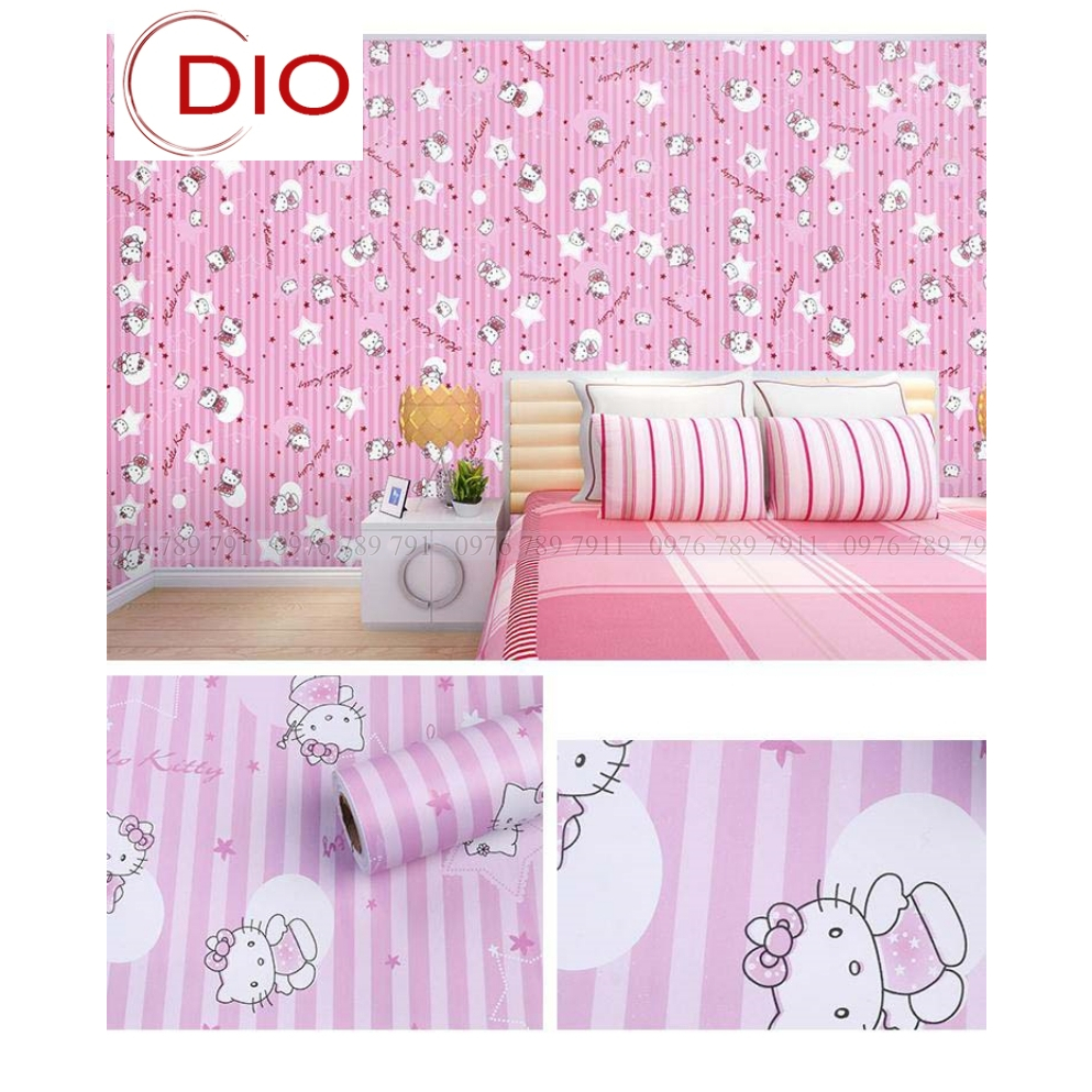 Giấy dán tường phòng ngủ hoạt hình kitty sao hồng cho bé trai bé gái có keo sẵn 3d 10m cute Dio
