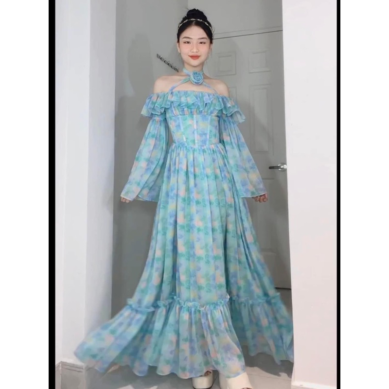 MAXI VOAN XANH BÈO TAY LOE CỔ DÂY HOA BÁNH BÈO