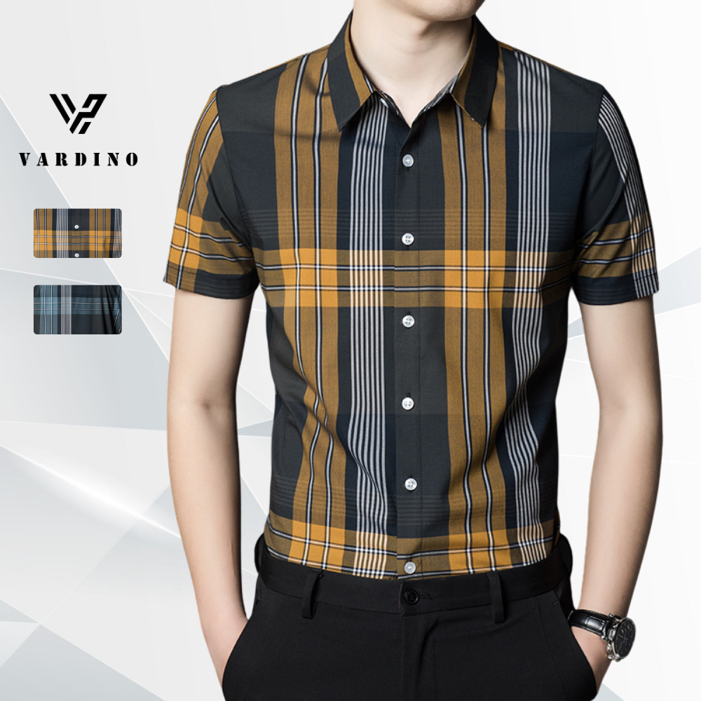 Áo sơ mi kẻ nam VARDINO tay ngắn vải Cotton lụa không nhăn không phai kiểu công sở trung niên s289
