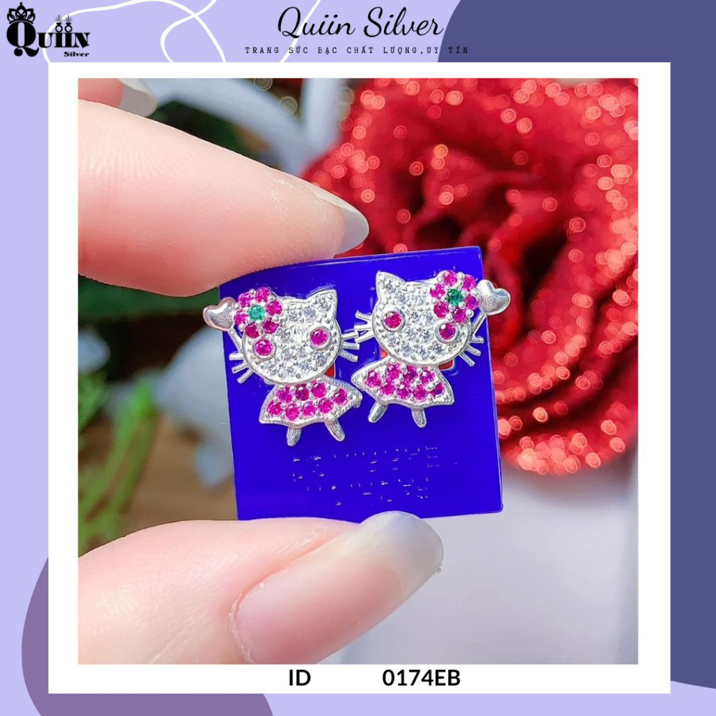 Bông tai/Khuyên tai bạc ta, bạc S925 Quiin - Hình Hello Kitty dành cho bé gái 0174EB