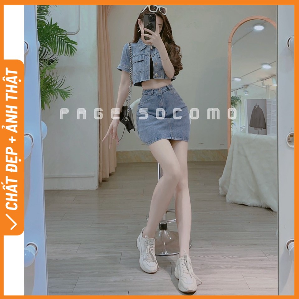 Set bộ áo jean lửng kèm chân váy chữ A nhà Socomo B362023 - Hàng Loại 1, Chất Đẹp - Giá tốt