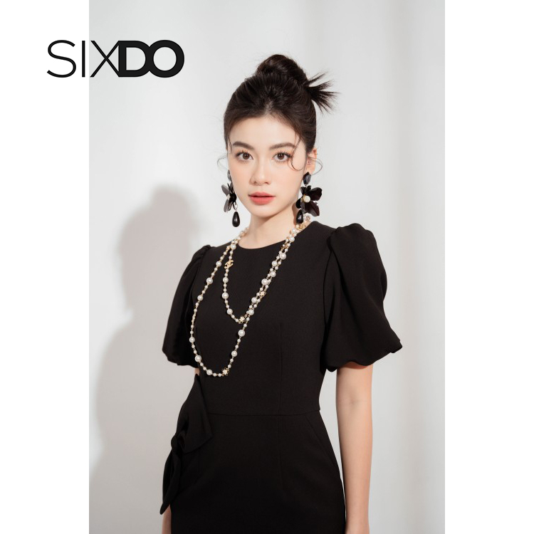 Đầm midi đen tay bồng phối nơ eo thời trang SIXDO (Black Puff-sleeves Midi Woven Dress)