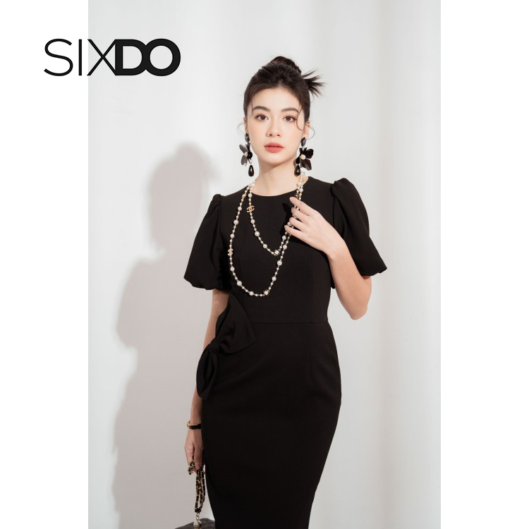 Đầm midi đen tay bồng phối nơ eo thời trang SIXDO (Black Puff-sleeves Midi Woven Dress)