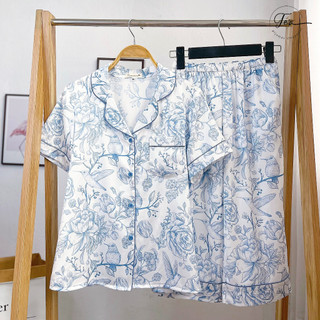 Bộ Mặc Nhà Pyjama Lụa Cộc Lửng Tea Store Họa Tiết