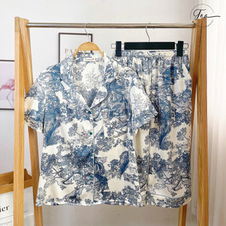 Bộ Mặc Nhà Pyjama Lụa Cộc Lửng Tea Store Họa Tiết