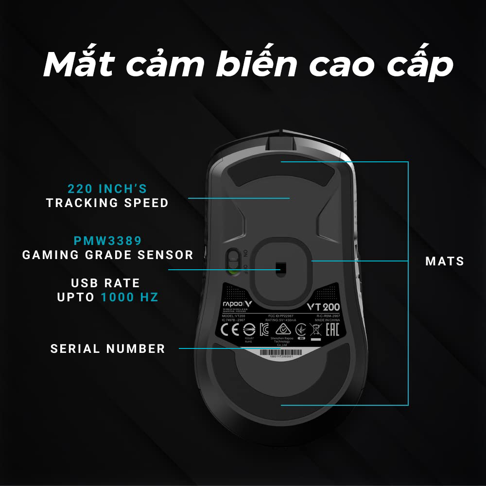 Chuột Gaming không dây Rapoo VT200 Wireless màu đen Led RGB