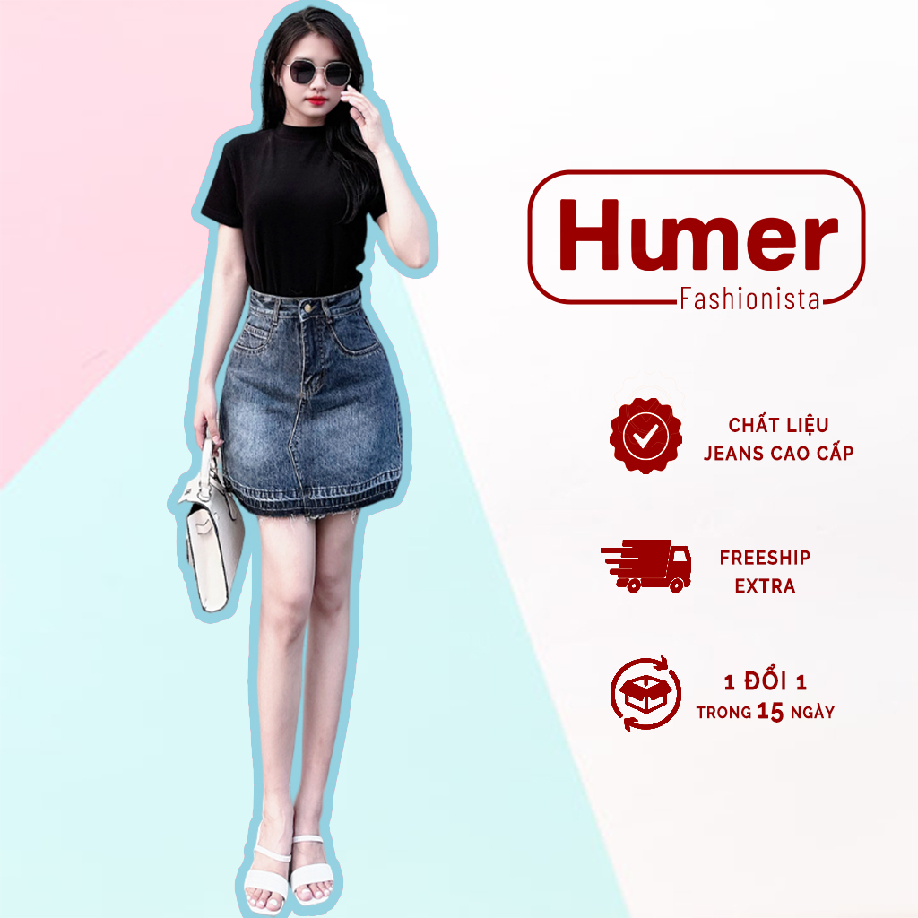 Chân váy jean ngắn Humer dáng chữ a lưng cao thiết kế siêu xinh style Hàn Quốc 10007
