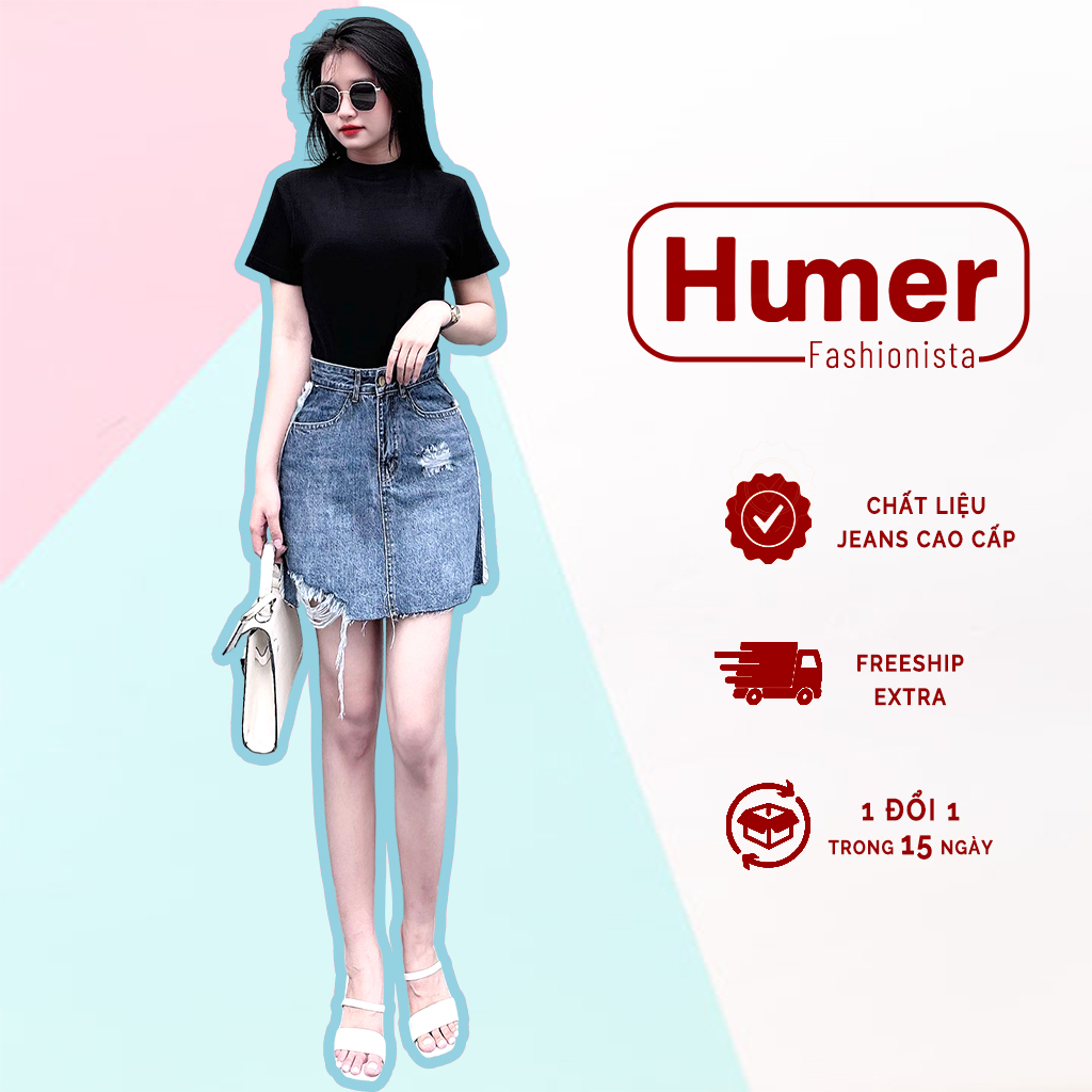 Chân váy jean nữ HUMER chân váy ngắn dáng chữ a lưng cao thiết kế siêu xinh style Hàn Quốc Q.83133