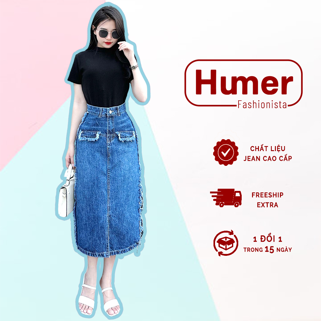 Chân váy jean chữ a Humer dáng dài chất liệu co giãn nhẹ cạp cao bóp eo thời trang công sở Q.8504