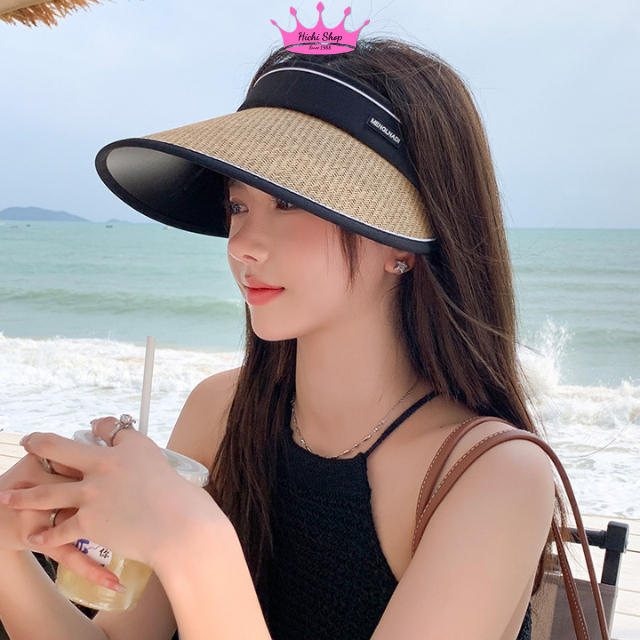 Mũ cói nửa đầu chống nắng viền kẻ, nón chóp nữ chống tia UV, nón nửa đâu đi biển, mũ hở chóp nữ
