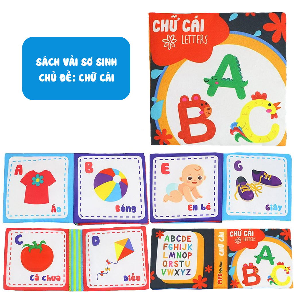 Sách vải cho bé pipovietnam -Dùng cho trẻ sơ sinh -Bộ 3 sách kích thích thị giác chủ đề Số đếm, Chữ cái, Màu sắc