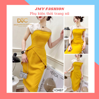 V3487 Váy đầm vàng lệch vai dự tiệc sang chảnh [DVC&ACC] váy vàng dáng ôm bút chì dài nữ tính