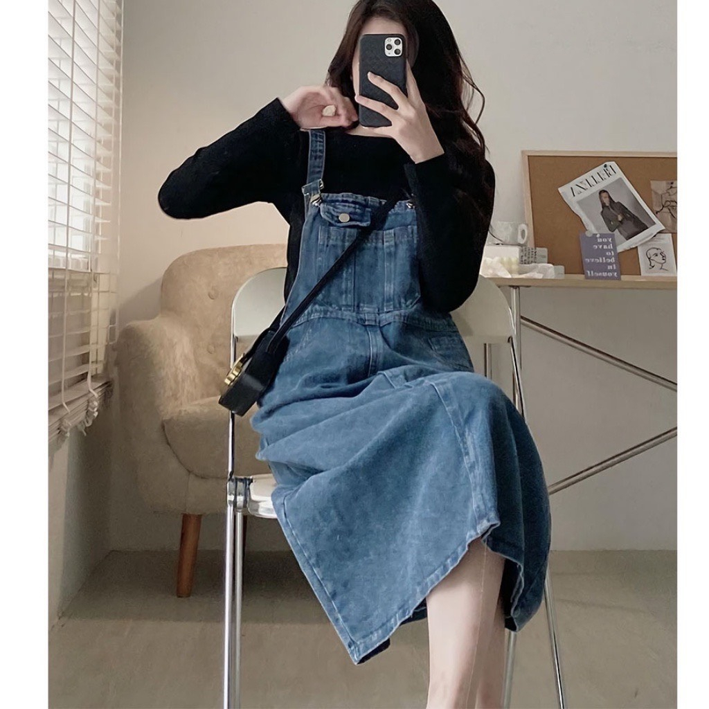 Váy yếm nữ hai dây MILASU.Store, váy yếm bò xanh dáng dài vintage mềm mại 185
