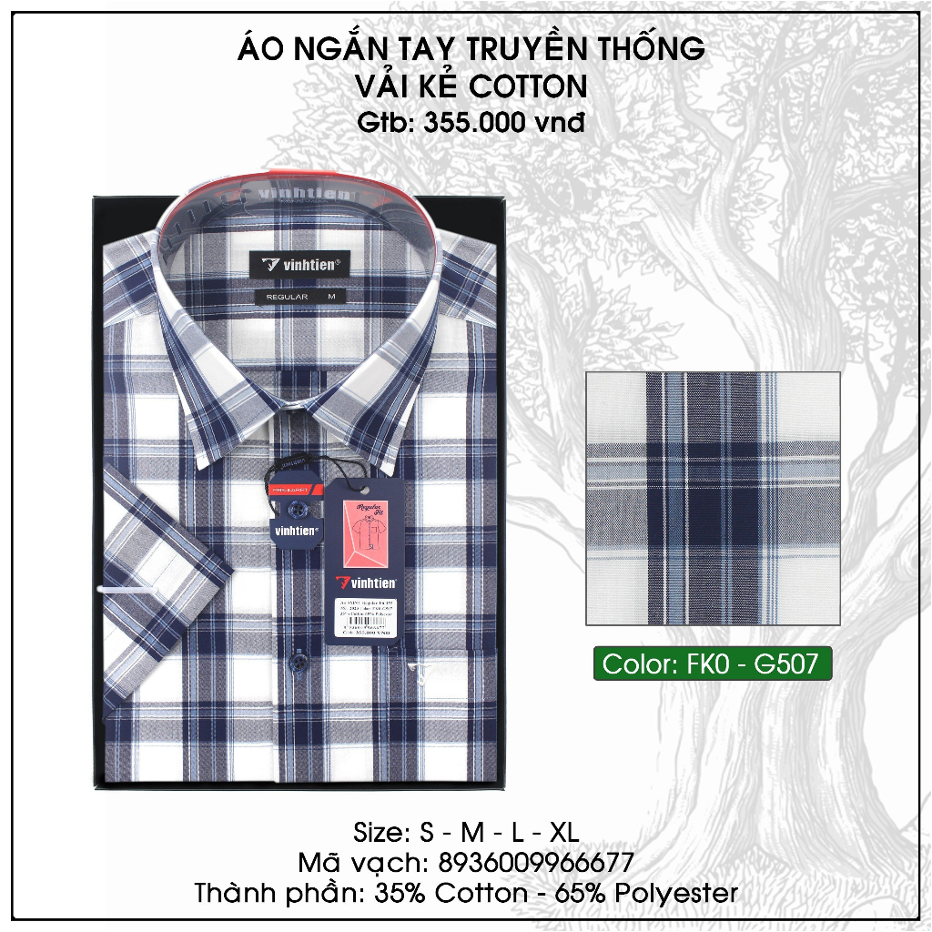 Áo Sơ Mi Ngắn Tay Sọc Caro Vạt Ngang Form Regular Vĩnh Tiến 355