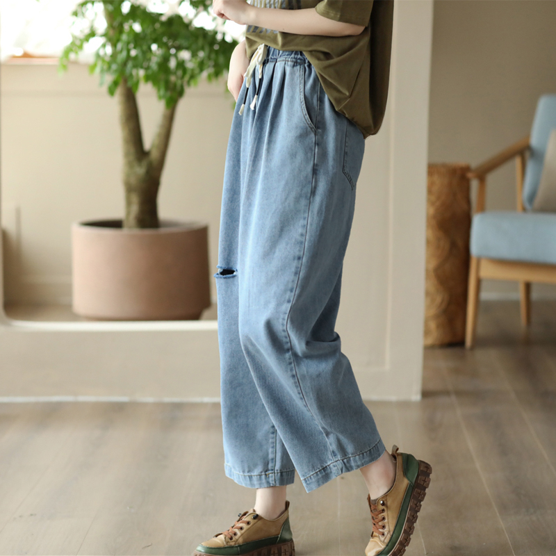 Quần baggy denim KAMAKA lưng thun dây rút kiểu rách - NU8609