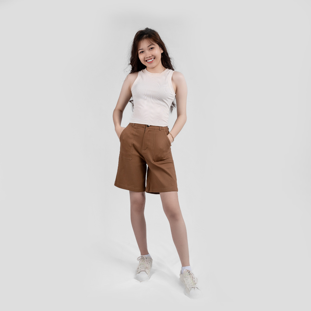 Quần Short Kaki Nữ Asstyle ASSH13 Túi Sau Dạng Hộp Cách Điệu Cạp Lưng Cao Lưng Sau Thun