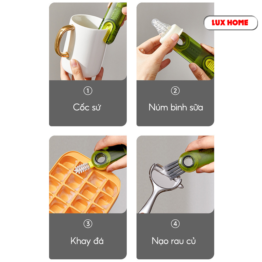 Cọ vệ sinh đa năng, dụng cụ vệ sinh cốc, bình sữa, bình nước xoay 360, 3 đầu chức năng