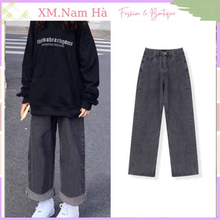 Quần bò xuông trơn basic thời trang,quần jeans ống suông rộng đen xám nữ phong cách retro ulzzang