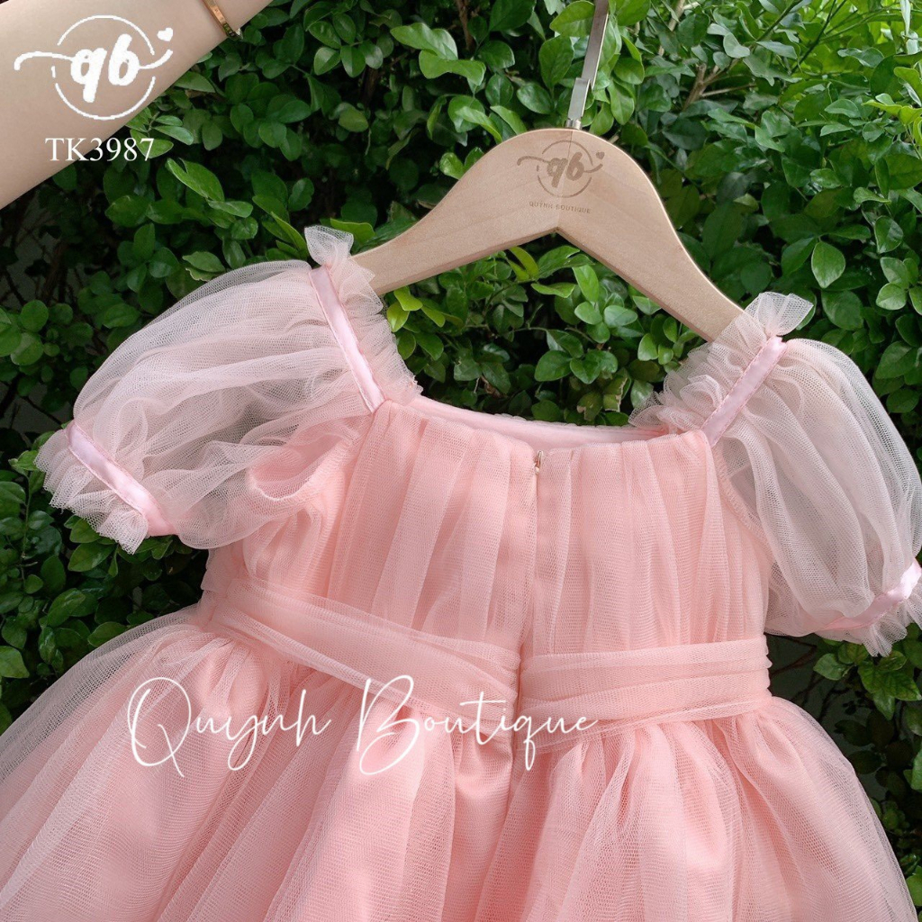 Váy Công Chúa Ren Nơ Eo 2 Màu Hồng Trắng-Váy,Đầm Trẻ Em Quỳnh Boutique