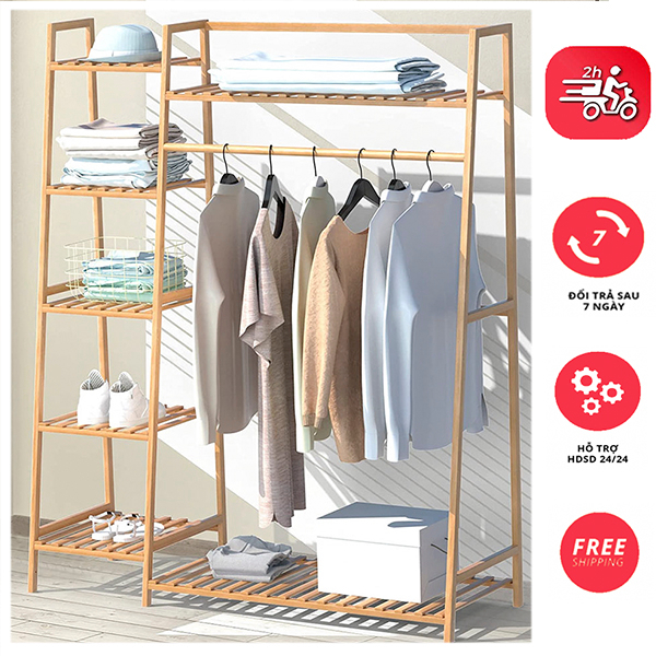 Kệ Treo Quần Áo Gỗ,Tiện Dụng 7 Ngăn Đa Năng Bằng Gỗ Tự Nhiên Cứng Cáp - Size Lớn