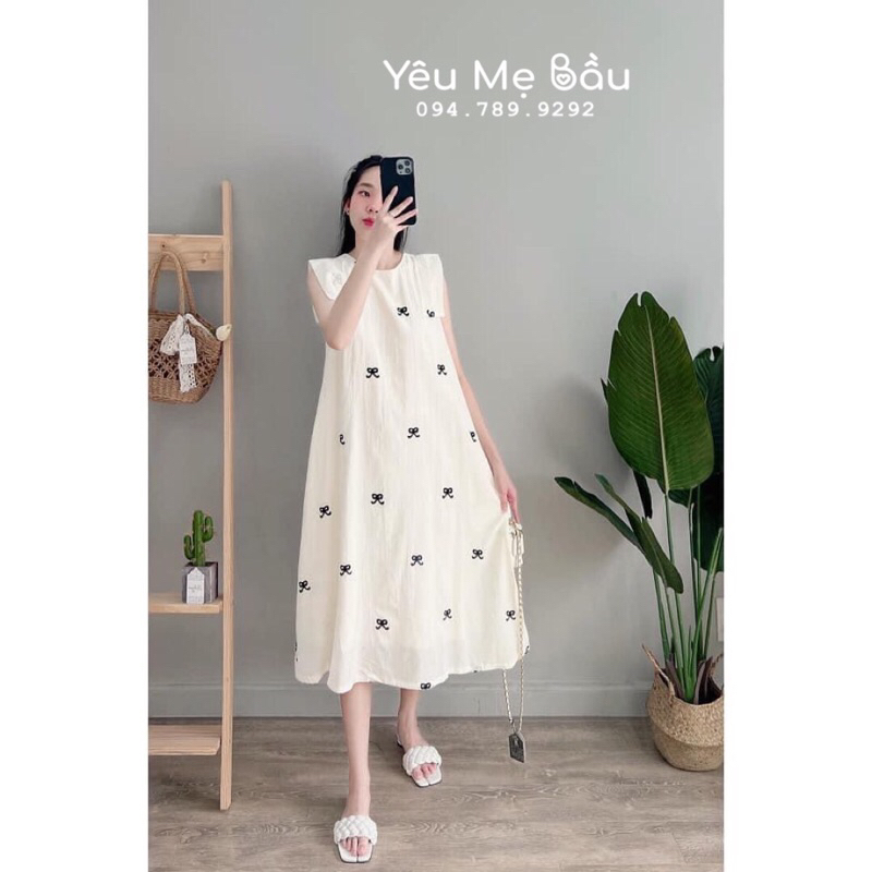 Váy suông váy bầu dáng chữ A đính nơ sát nách chất mềm nhũn mát lim Hàng loại 1