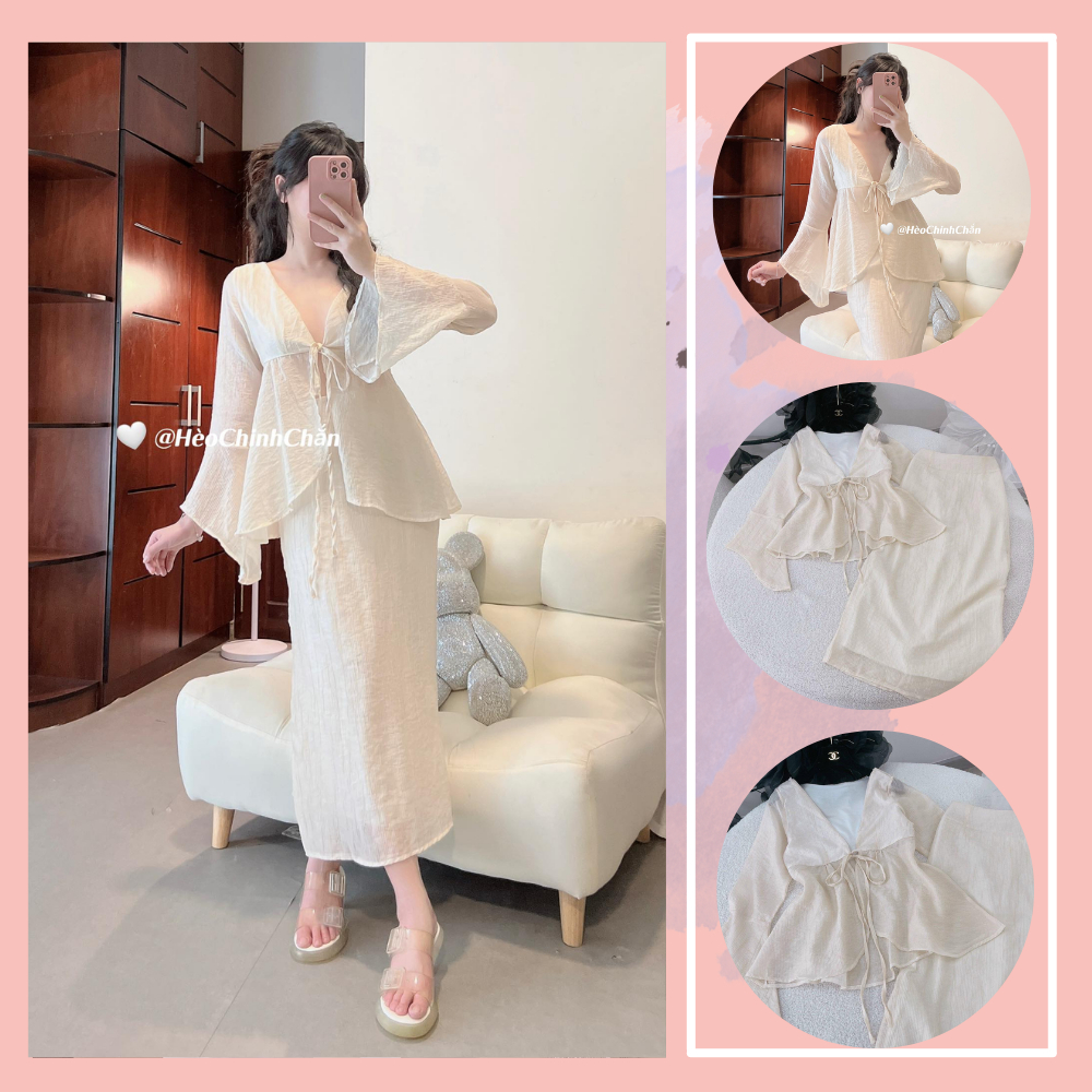 (Ảnh + Video Thật) Set Áo Voan Cột Nơ Tay Loe Kèm Chân Váy Dài Hèo Chinh Chắn