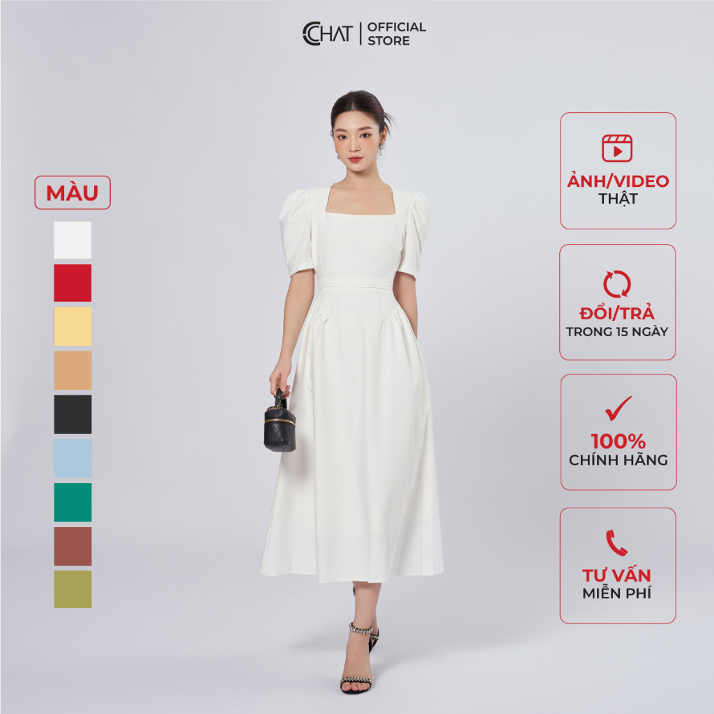 Đầm Nữ 𝐂𝐂𝐇𝐀𝐓 Cổ Nữ Hoàng Xếp Ly Thân Dáng Xòe Chất Tuytsi Mềm Mịn 62VNS2032XT