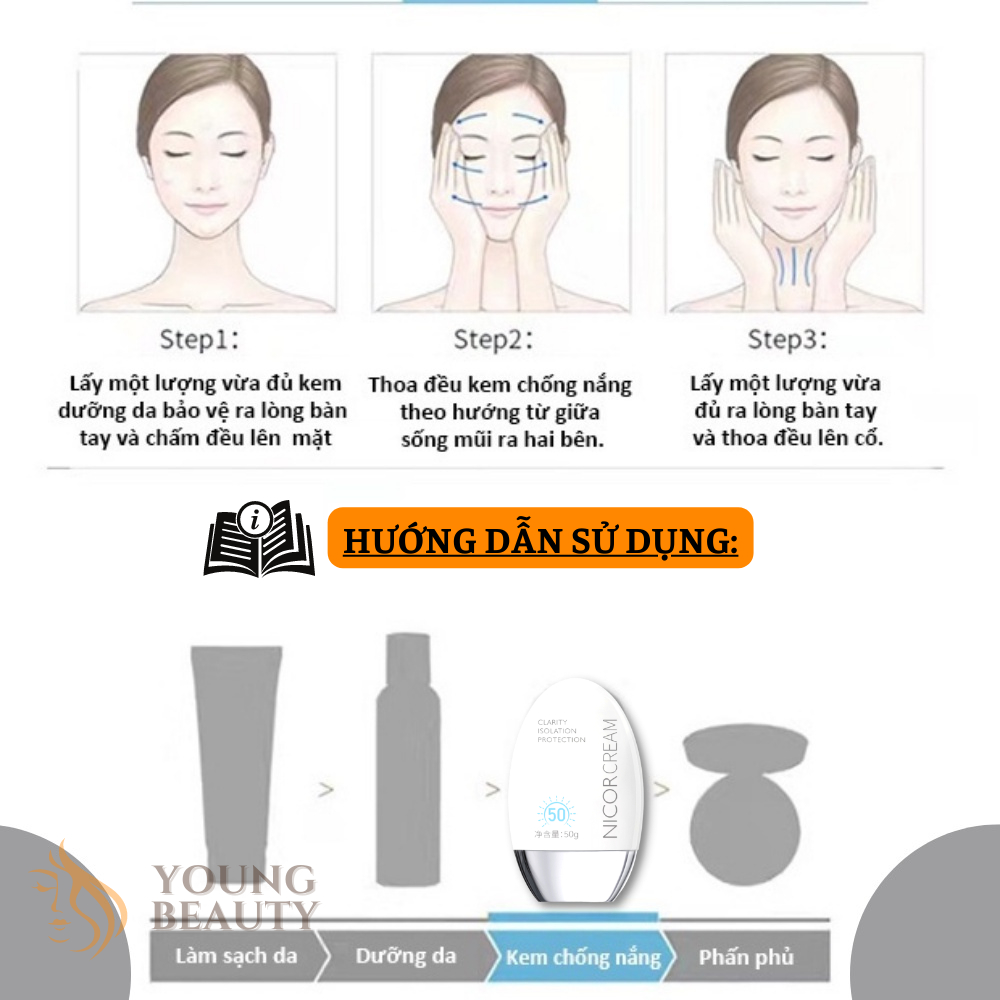 Kem chống nắng NICOR - Kem chống nắng trắng da chống nước và tia UV, bảo vệ da với SPF 35+/50+ PA++++ YOUNG BEAUTY